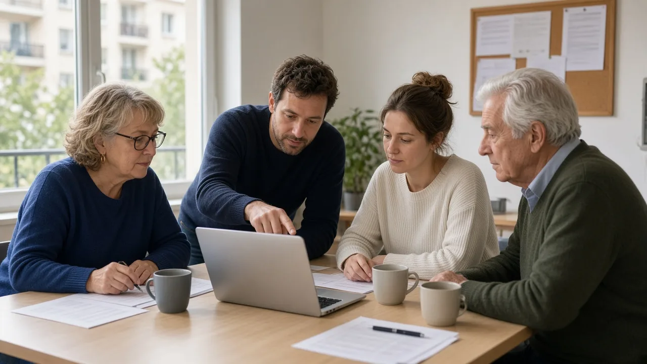 Des membres du conseil syndical réunis autour d'un ordinateur dans le local commun de leur copropriété