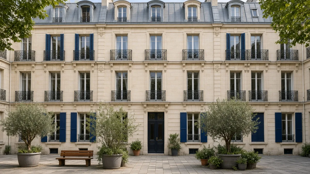 Cour intérieure d'un immeuble en copropriété, façade restaurée et oliviers en pots.