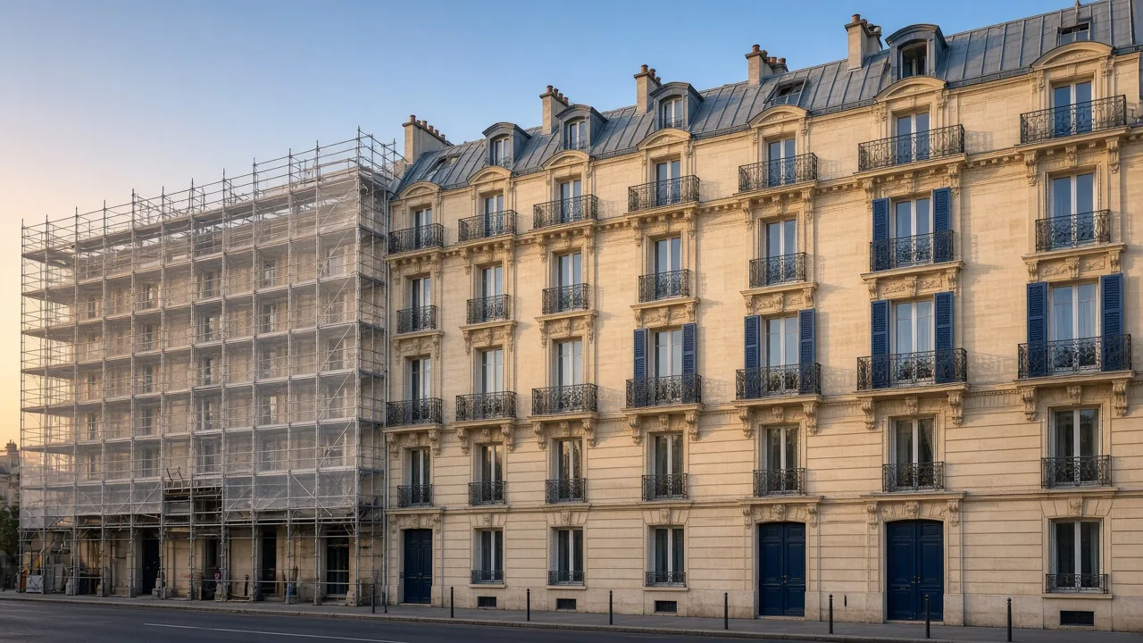 Façade d'un immeuble en copropriété, en partie sous échafaudage pour un ravalement.
