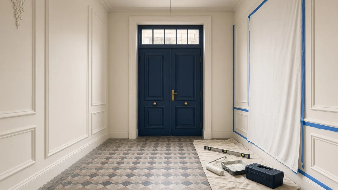 Hall d'entrée d'un immeuble en rénovation, les outils du peintre posés sur une bâche.