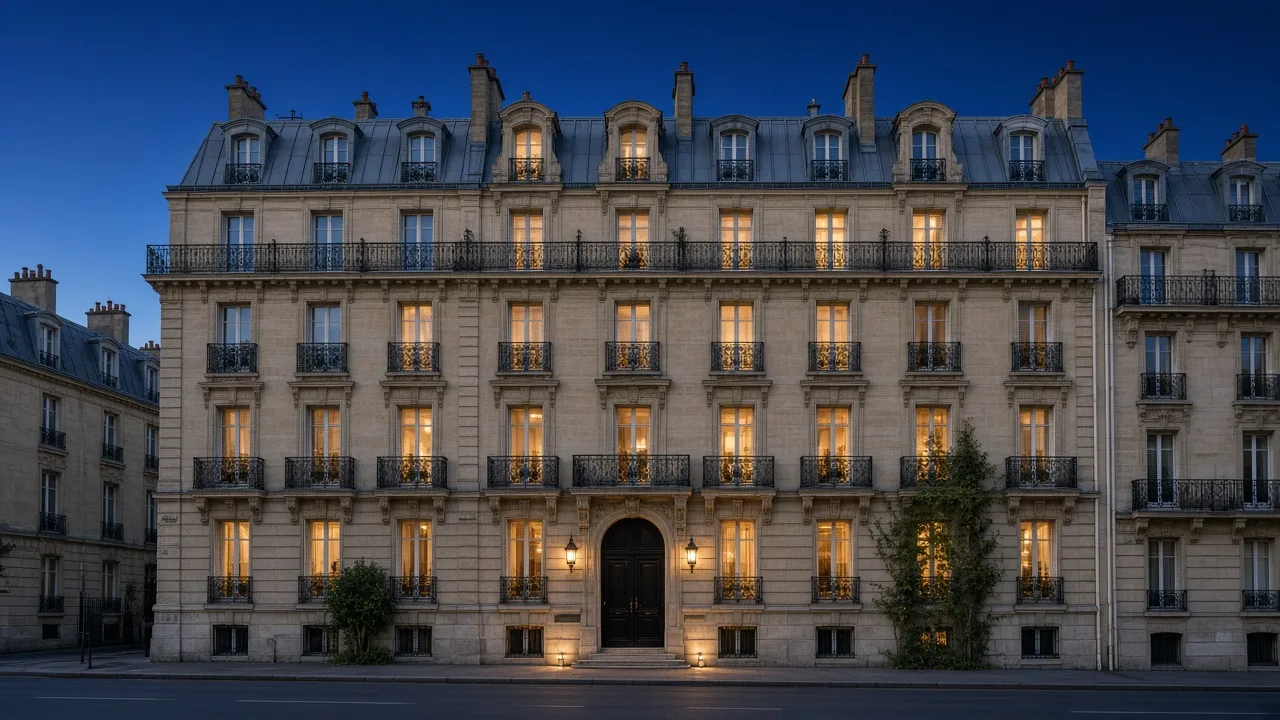 Façade d'un immeuble en copropriété à la tombée de la nuit, quelques fenêtres éclairées.
