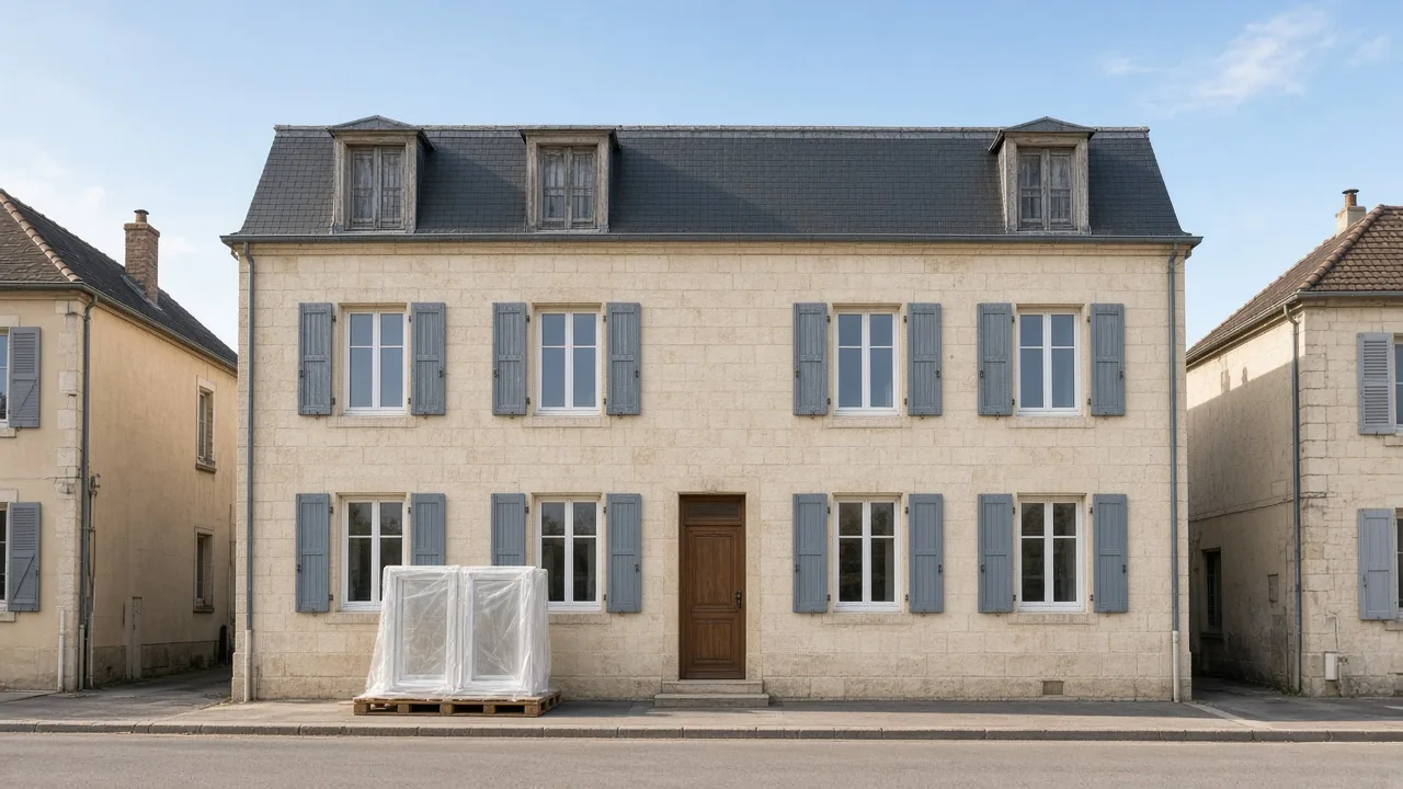 Petit immeuble en copropriété dont on remplace les fenêtres, les nouveaux châssis emballés sur une palette.