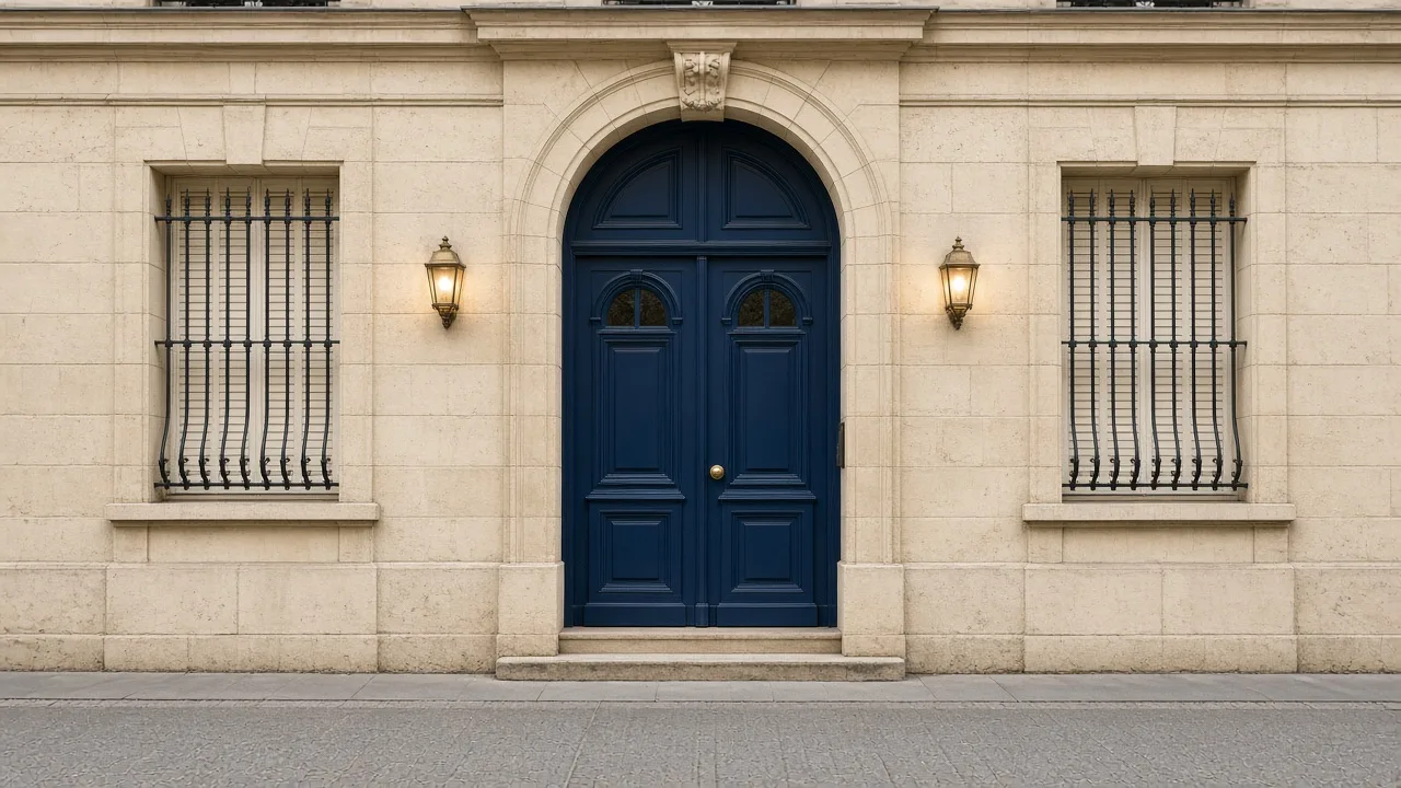 Porte d'entrée fermée d'un immeuble en pierre de taille, encadrée de deux lanternes.
