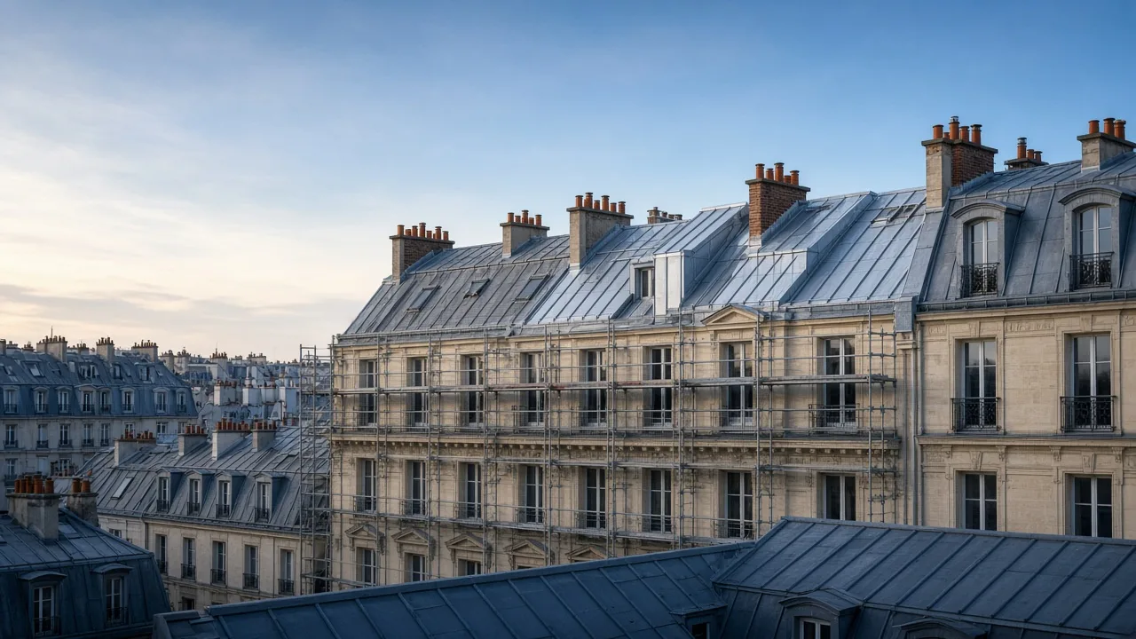 Toits d'immeubles parisiens, dont l'un en cours de réfection sous échafaudage.